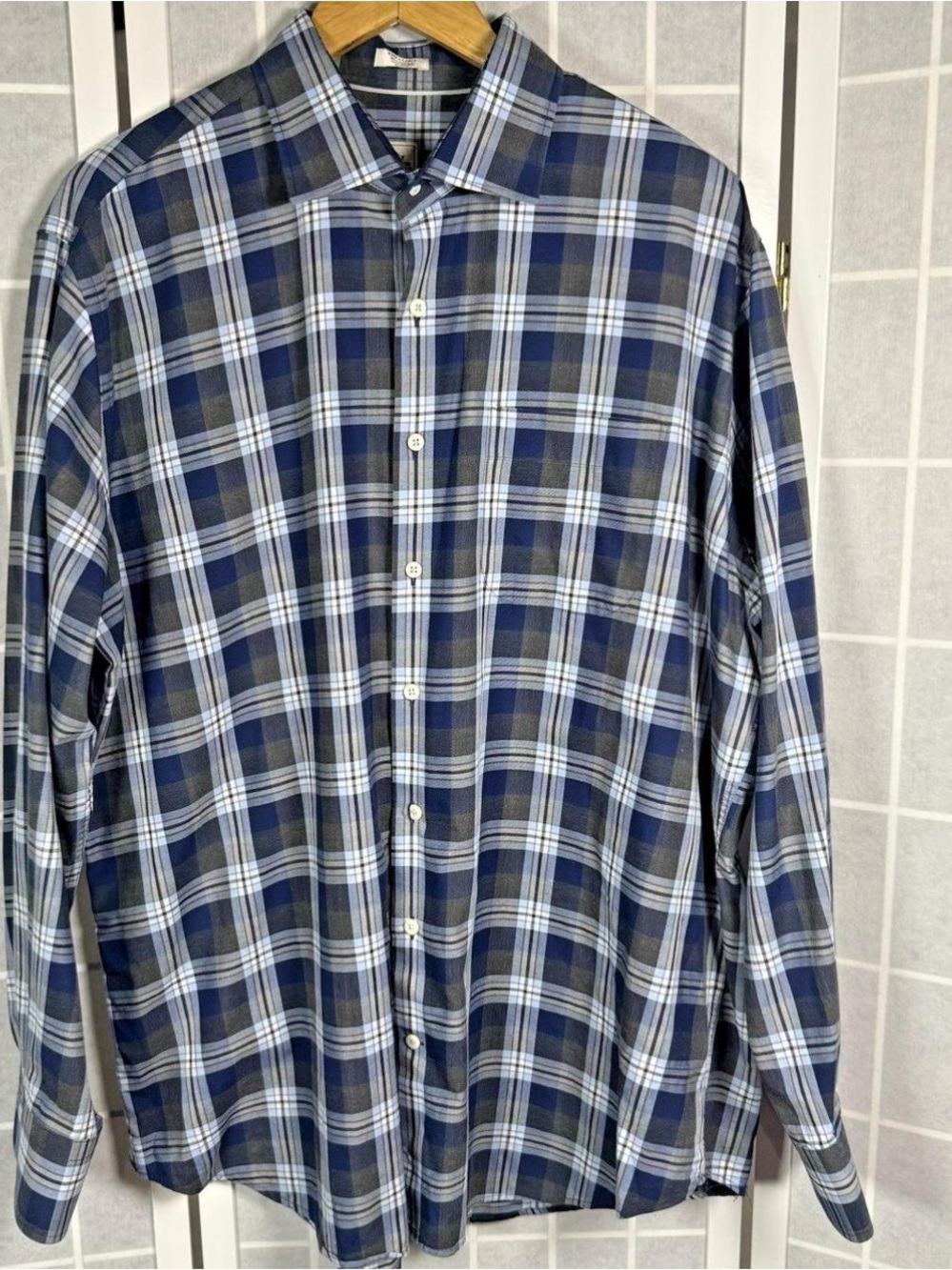 Peter Millar Navy, Gray & White Plaid Button-Down Shirt